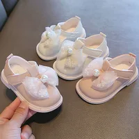 2024 Autumn New Girl Leather Shoes Spring Kids Mary Jane Sweet Pearl Lace Bow Princess Single Shoe Soft Soled Baby Walking Shoes 1