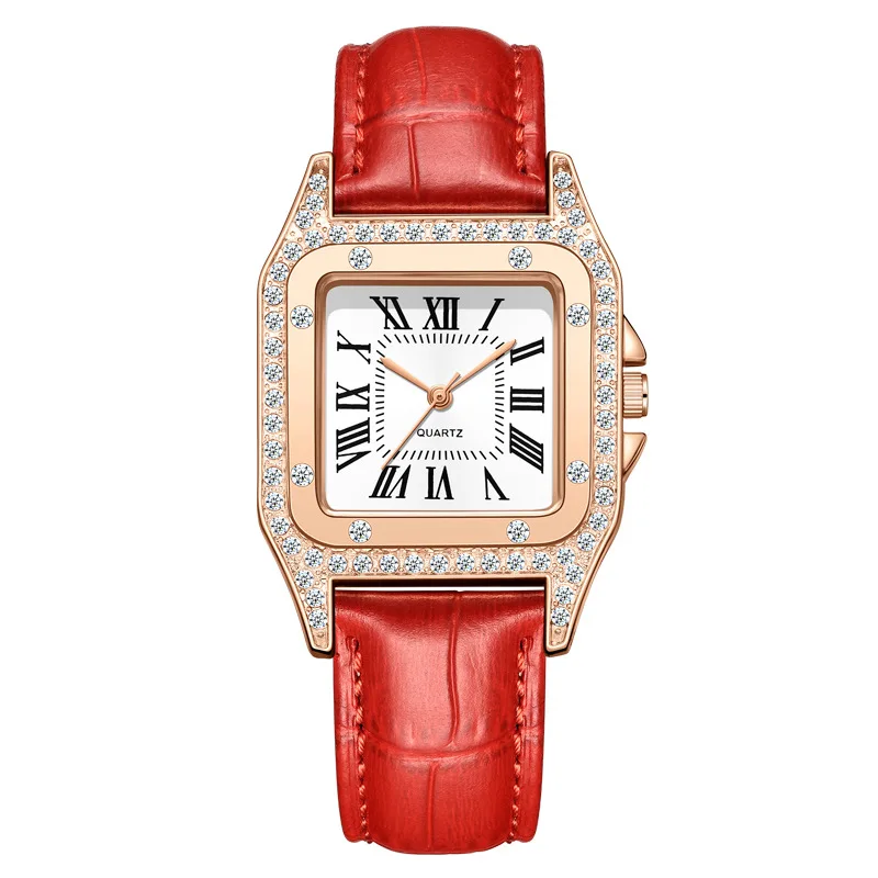 다이아몬드 상감 로마 스퀘어 여성용 시계, 쿼츠 스트랩, 패션