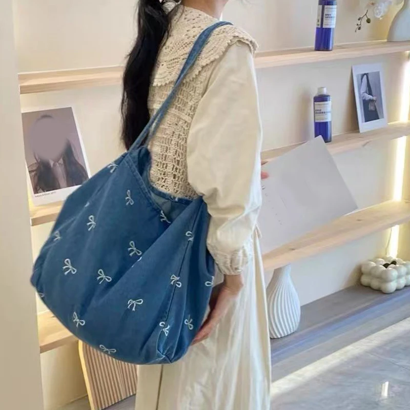 Pure Color Denim Large Capacity Tote Bag Fashion Shoulder Women's Bag Winter Casual Travel Shopper Handbags