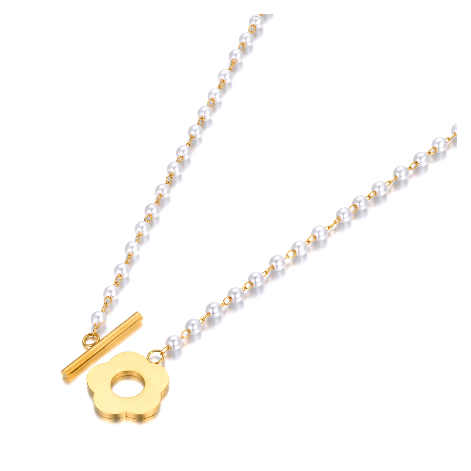 Lokaer Mode Schwarz CZ Kristall Charme Halsketten Für Frauen Edelstahl Weiße Perle Link Kette Böhmischen Strand Halskette N22083_voghion.com