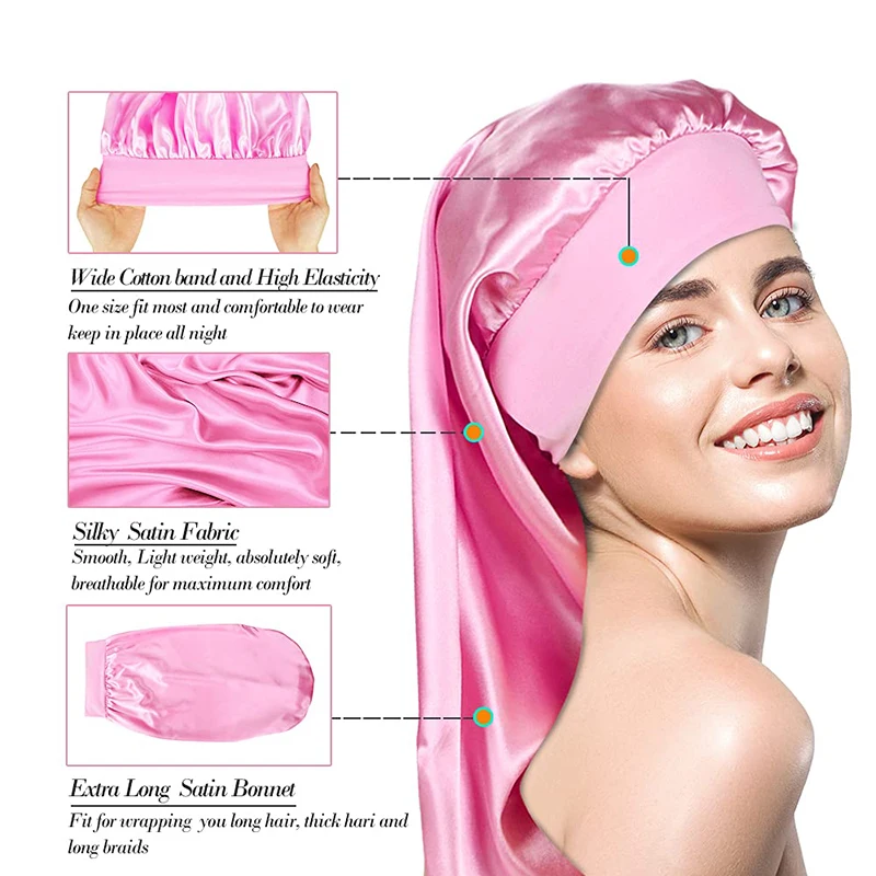 3PCS/LOT Elastic Wide Edge Long Satin Bonnet Sleep Hats Wrap Night Cap Care Women Extra Large For Natural Curly Loose Hair 3