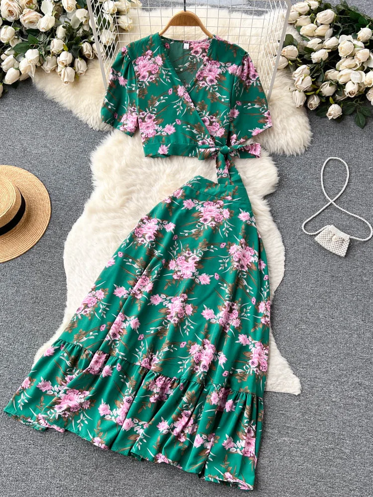 

Summer Bohemian Women Floral Two Piece Set Sexy V-Neck Short Sleeve Bandage Tops + High Waist Ruffle Skirt Suits Vacation Beach
