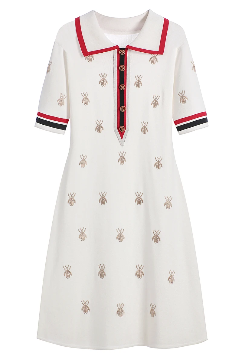 2024 Spring Summer Simple Knitted Skirt Slimming Short-sleeved Polo Collar Dress Fashion  Temperament British Style Mid-length 3