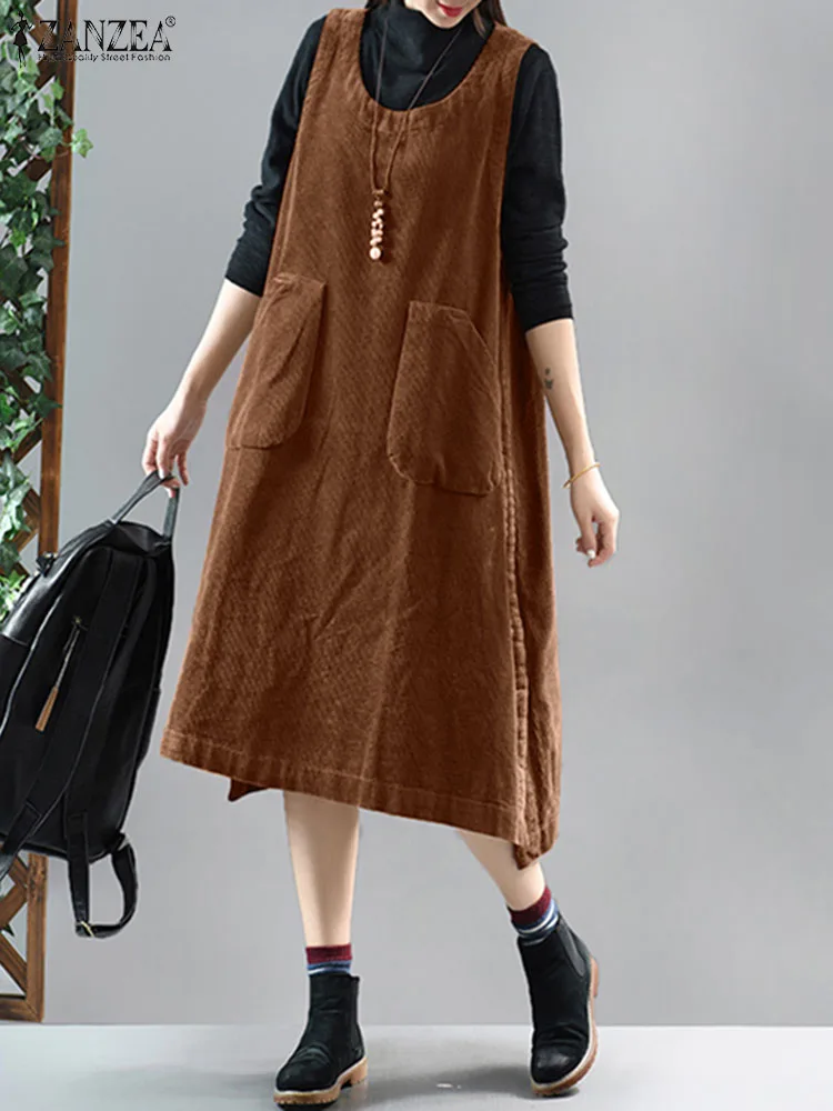 UK Plus Size Women Corduroy Pinafore Maxi Dress Dungaree Winter Kaftan