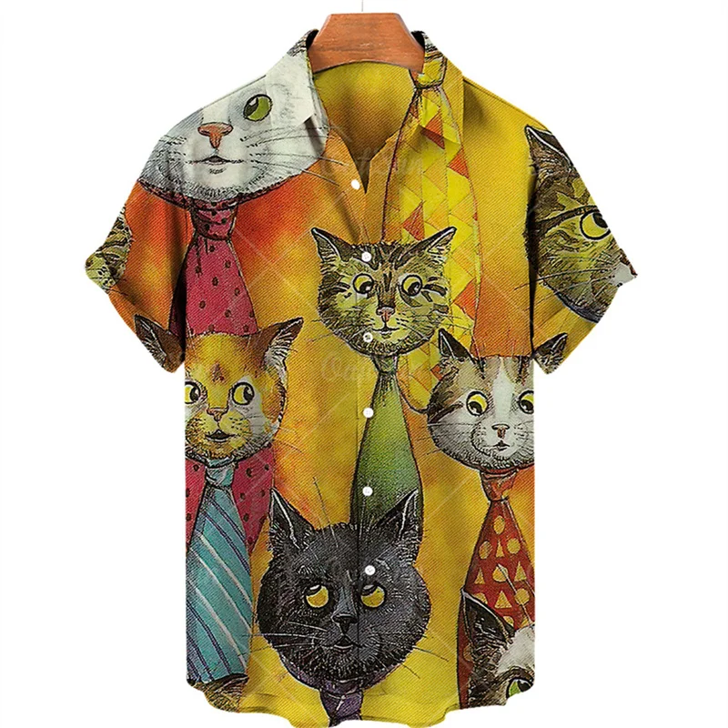 thumbnail image 1 of Camisa hawaiana con estampado 3D completo de gato para hombre, camisetas casuales de manga corta con botones para verano, camisas para hombre, 1 of 5