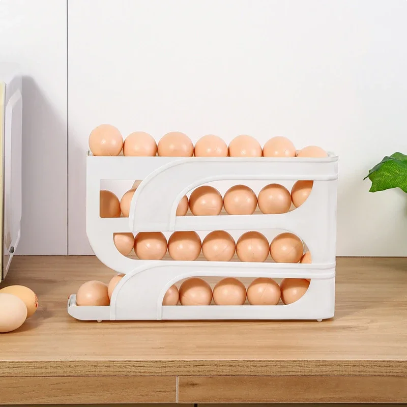 4 Layers Automatic Rolling Egg Holder Rack Fridge Egg Storage Box Container Kitchen Refrigerator Dispenser Organizer