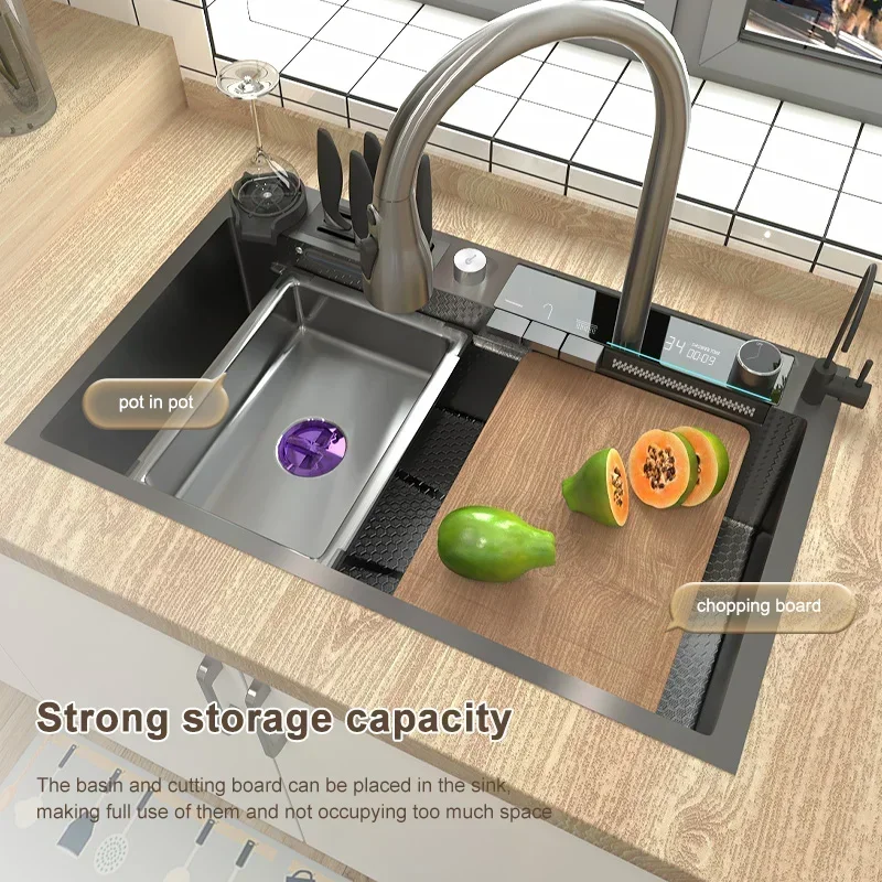 Double Waterfall Kitchen Sink Modern LED Display Kitchen Sink with Flexible Tap Smart Stainless Steel Sink with Accessories 2