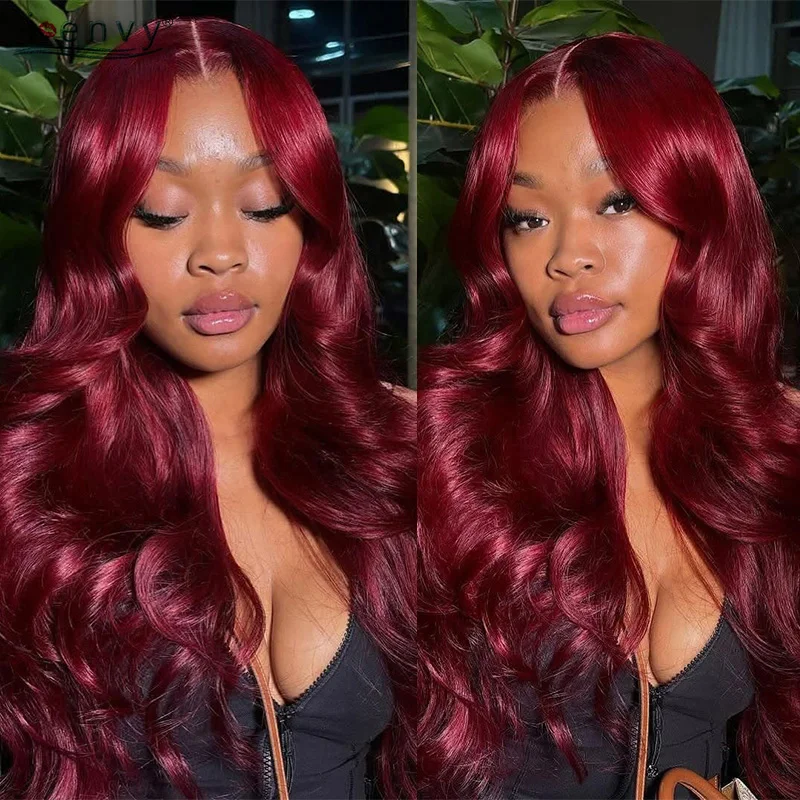 아이엔비 99J 버건디 바디 웨이브 인모 가발 여성용 체리 레드 컬러 13X4 13X6 HD 레이스 프론탈 가발 프리 플러킹 레미 헤어