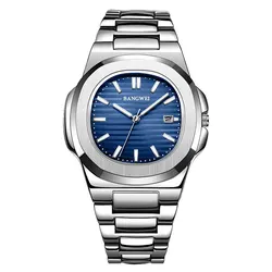 Luxury Men's Stainless Steel Sport Chronograph Watch - 2024 Edition, Quartz, 30M Waterproof, with Automatic Date (Silver blue)