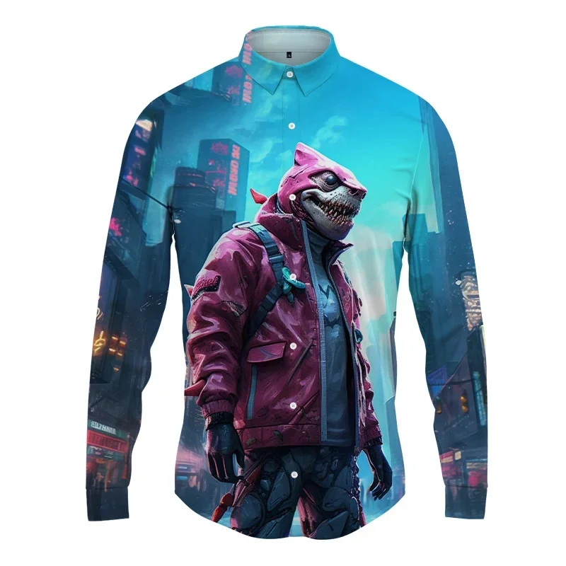 thumbnail image 1 of Camisas de manga larga con estampado 3D de antropomorfismo animal para hombre y mujer, camisas casuales de moda con solapas abotonadas, ropa unisex de gran tamaño, 1 of 5