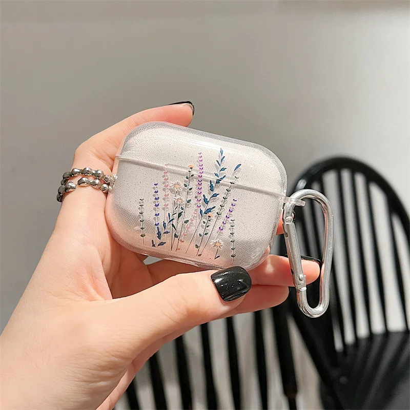 Heart Flower Bling Glitter Earphone Case with Keychain - Soft TPU Cover with Keychain Attachment