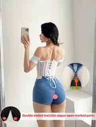 Calças de cintura alta calças de brim apertadas femininas abertas da virilha elástica dupla headed invisível zíper leggings hip sexy calças