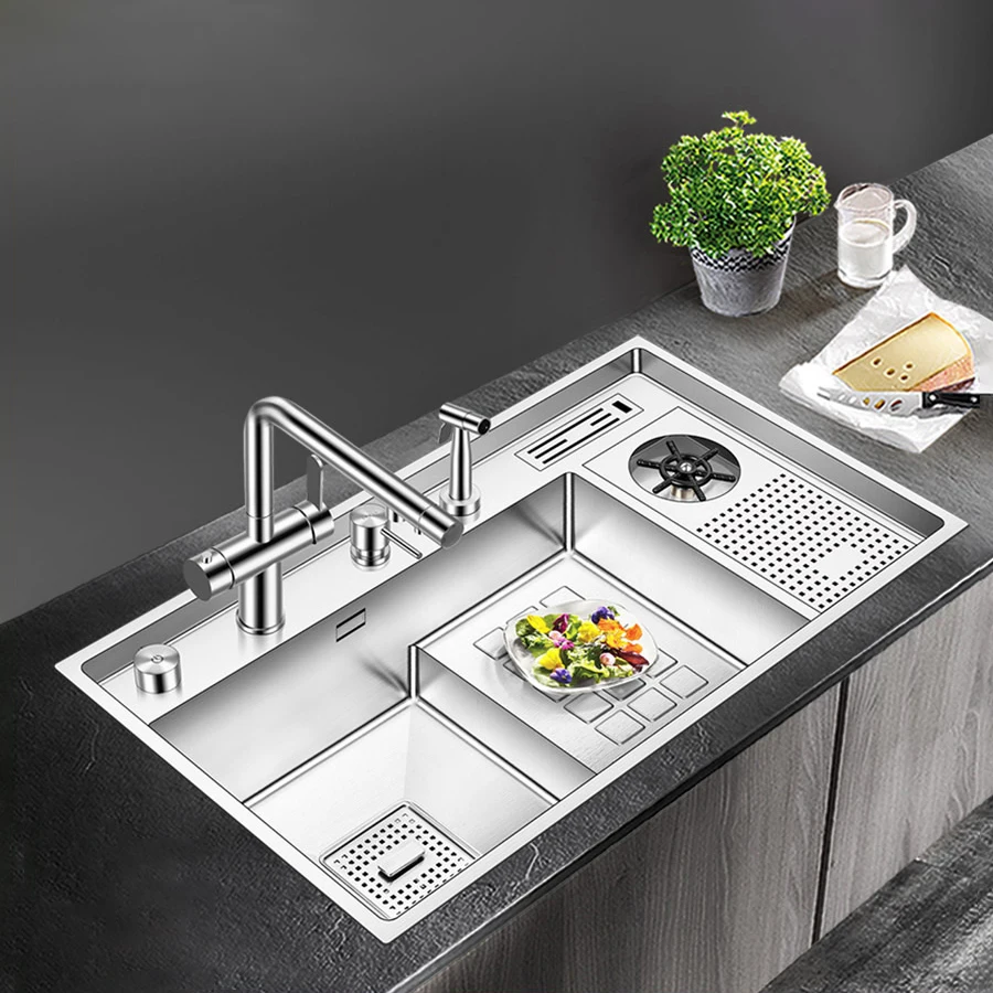 

Kitchen Sink 304 Stainless Steel Cup Washer Step Washing Single Basin Knife Holder Pullout Faucet Cabinet Countertop Bowl