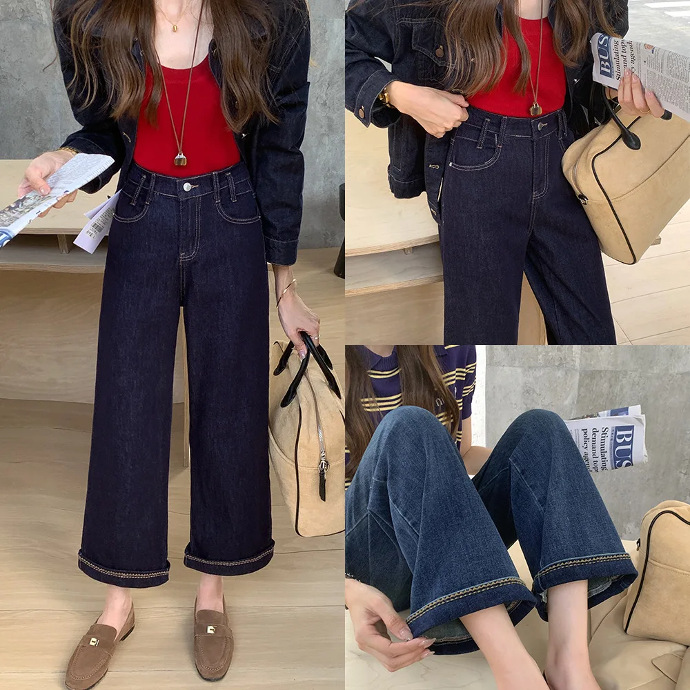 Fashion Plus Size Women's Jeans 2025 Autumn Simple High Waist Stretch Denim Leg Embroidery Straight Leg Ankle-Length Pants 2531