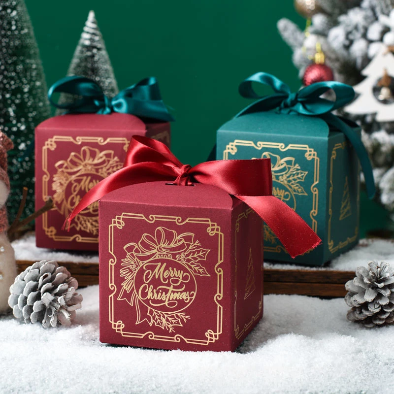 5 Stück neue Weihnachts-Apfelbox, Heiligabend-Geschenkbox, Rot, Grün, Blau, Heißprägung, hochwertiges Band, Weihnachts- und Obst-Geschenkbox – Detail 3