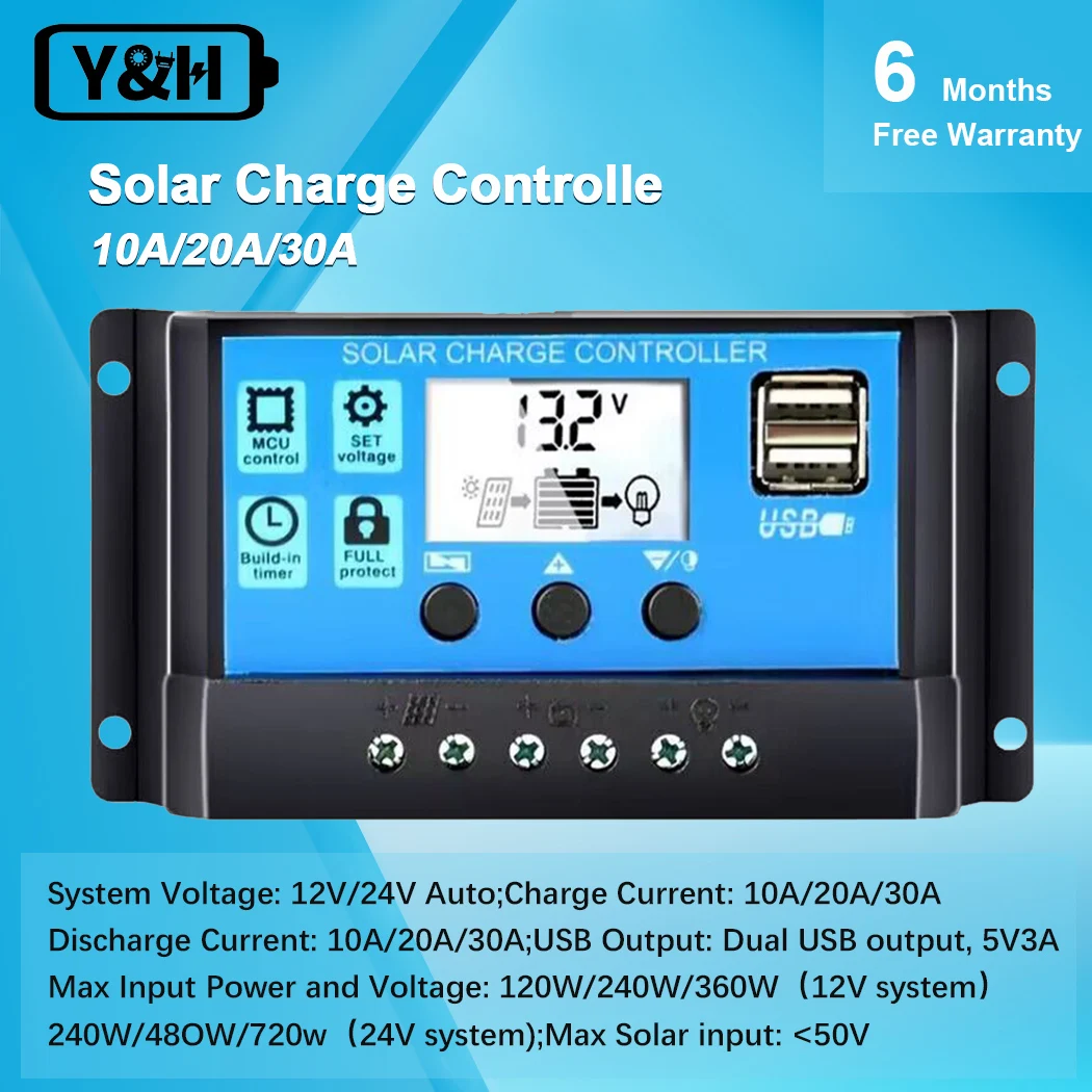 Solar Controller with LCD Display & Dual USB Output - PWM Battery Charger