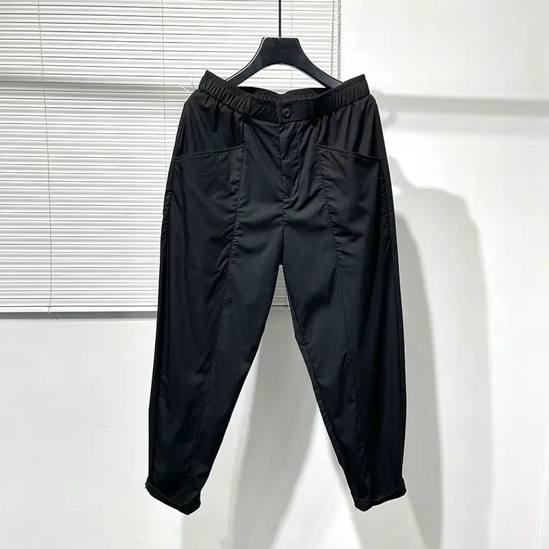 2024 Summer Simple Harajuku Style Men's Solid Color Elastic Zipper Pocket Ice Silk Thin Versatile Casual Workwear Haren Pants
