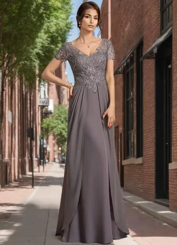 Abiti personalizzati a maniche corte per la madre della sposa, abiti con scollo a V per la madre dello sposo, abito da sera formale con volant in chiffon - immagine 4