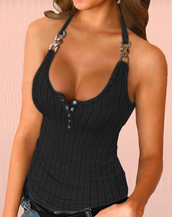

Women's Summer Casual Halter Buttoned Chain Decor Ribbed Tank Top Women Fashion Sleeveless Skinny Vest Female Clothing Outfits