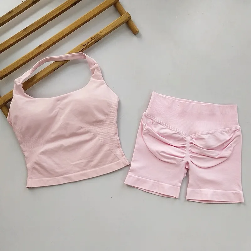 2PCs Peach High Waist Belly Hip Lifting Sports Bras Shorts Suit Gathering Shock-proof Neck Halter Yoga Suit Running Fitness Set