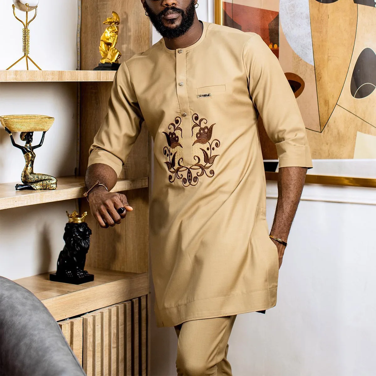 2024New dynamic men's elegant suit seven-quarter sleeve top pants 2-piece set Embroidery Party Festival African national style