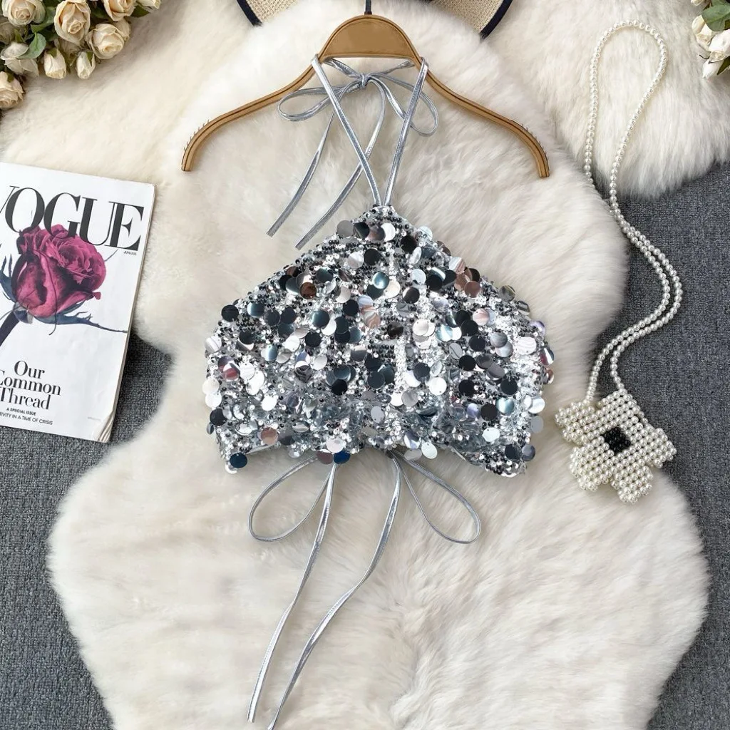 여름 신상 반짝이는 큰 넥홀터 탱크탑 2026 한국 버전 스팽글 백리스 숏탑