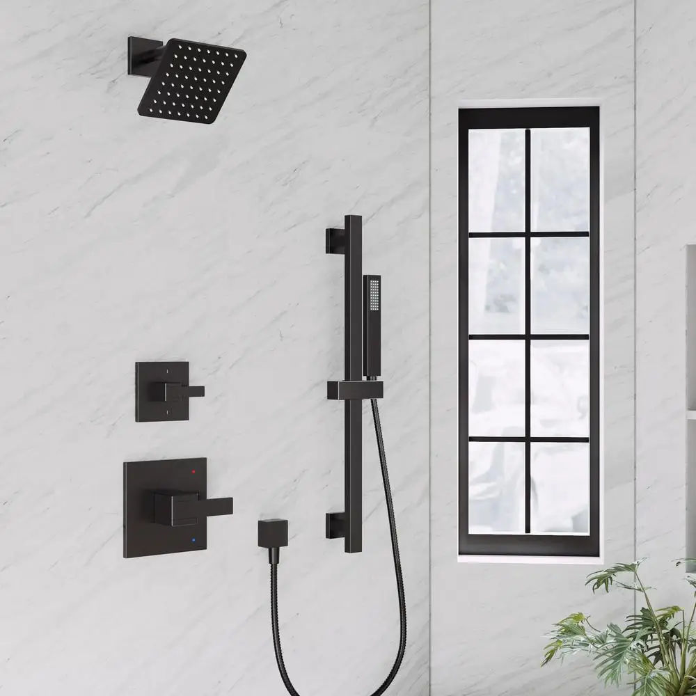 Black Shower Faucet Set with Slide Bar All Metal System Valve 6" Rain Wall Mount Combo Handheld Stainless 16" Arm Hose Bracket 3