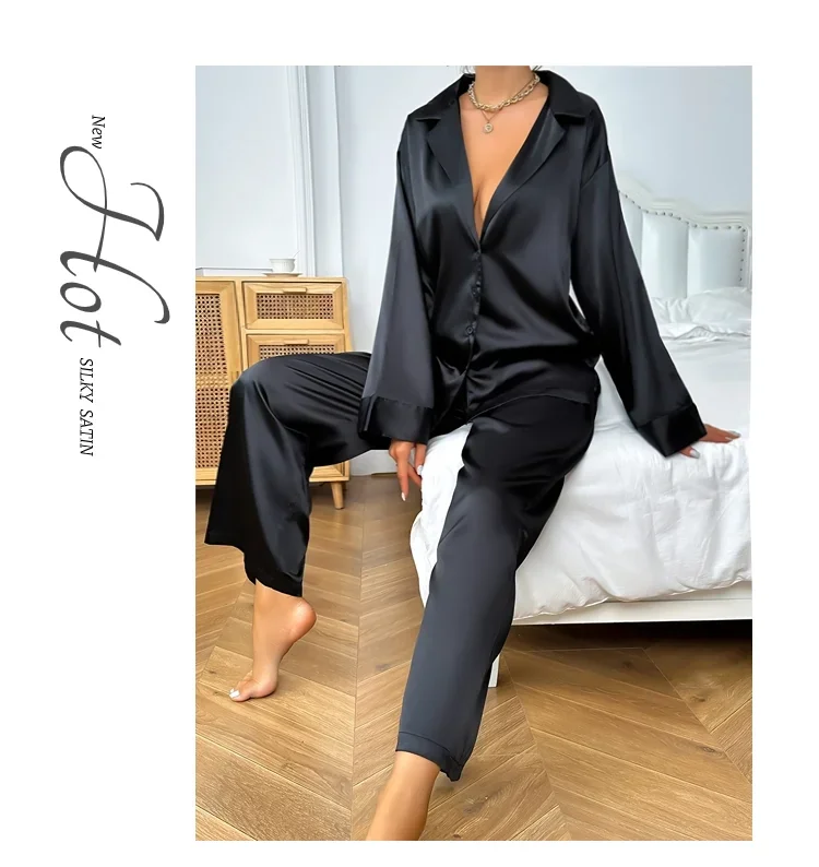 Satin Silk Sleepwear Low Cut Sexy Pajamas For Women Single-Breasted Long Sleeves Wide Leg Pants Trouser Suits Oversized