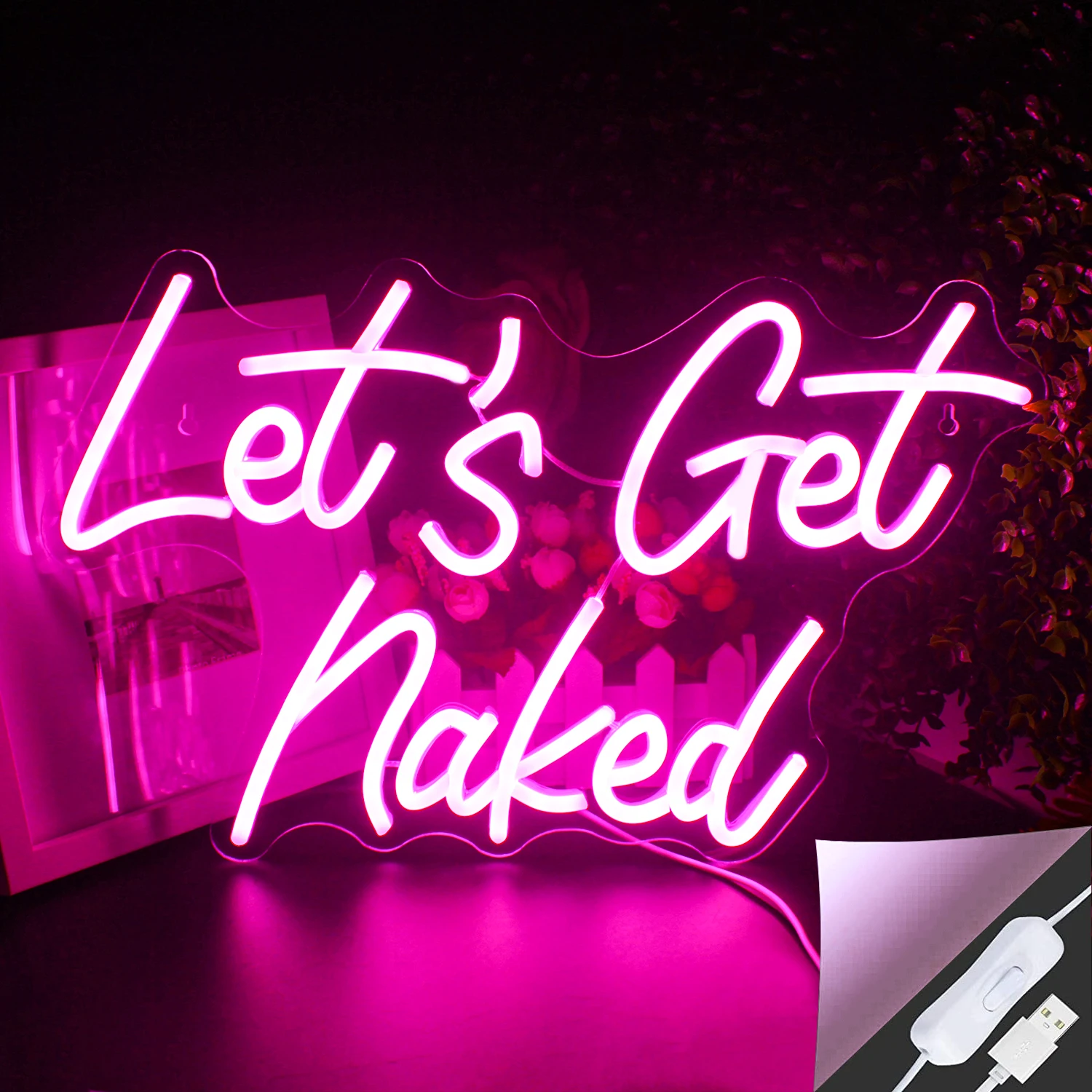 Insegna al neon Let's Get Naked, decorazioni per atmosfera di testo personalizzate Luci al neon LED USB per camera da letto, insegna luminescente appesa a parete, 42x25cm,Rosa