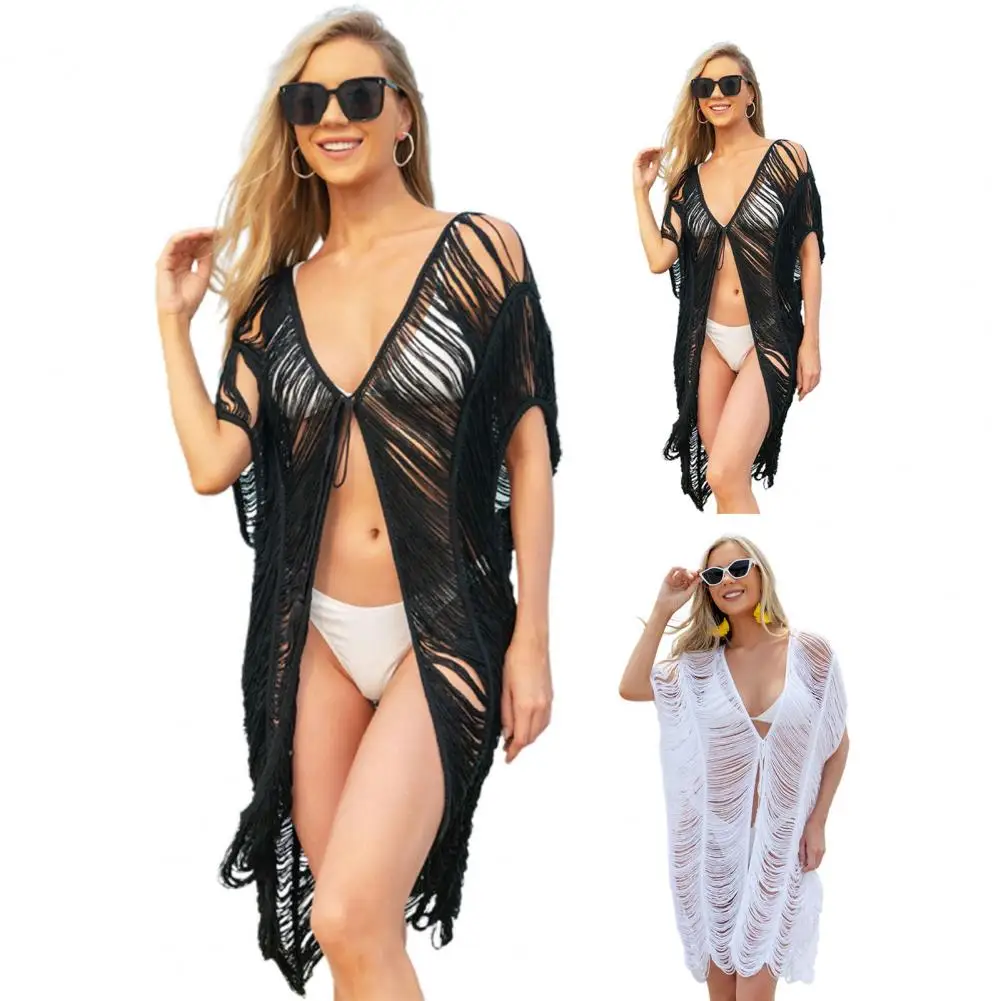 

V-neck Front Lace-up Cover Up Cardigan Crochet Braided Thin Loose Fit Hollow Tassel Sunscreen Bikini Cover Up Beachwear