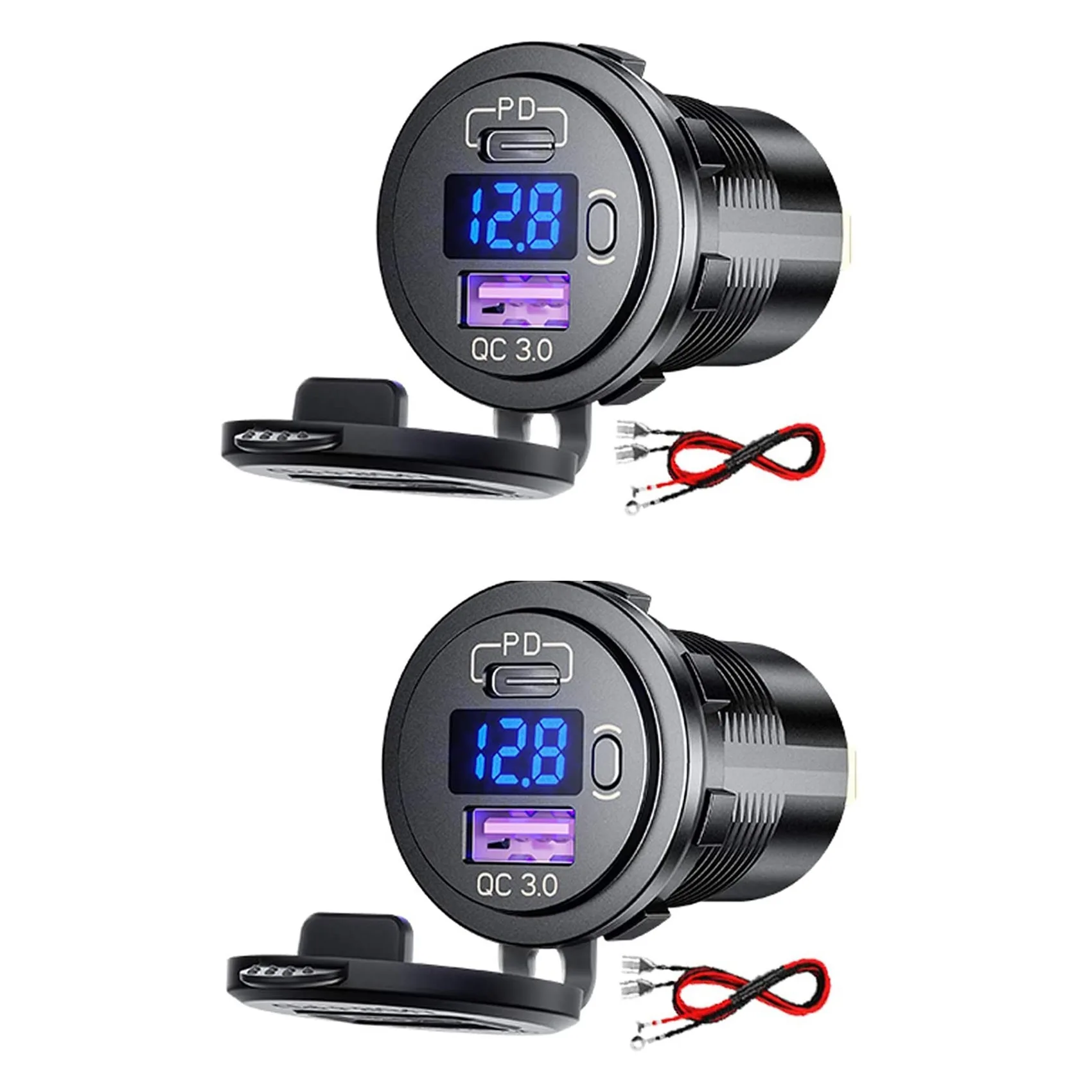 

2 Pack PD Type C 48W USB Car Charger Socket,QC 3.0 Quick Charger Outlet with Voltmeter and Switch for Boat Truck RV,Blue