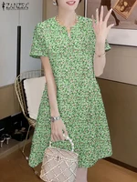 ZANZEA Fashion Summer Short Sleeve Knee Length Printed Sundress Elegant Women Party Work Dress Floral Vestidos Robe Kaftan 2025
