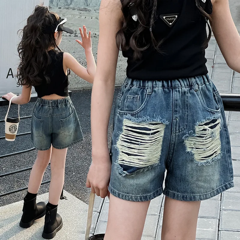 어린이 캐주얼 카우보이 반바지, 데님 쇼츠, 패션 홀, 어린이 청바지, 한국 스타일, 어린이 6, 7, 8, 9, 10, 1112 세, 여름