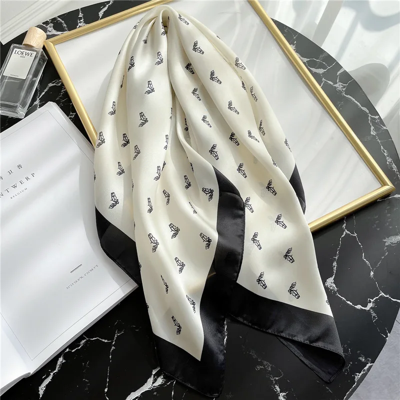 

Luxury Brand Square Imitation Silk Scarf Black And White Butterfly Head Wrap For Women Multifunction Silk Feeling Neckerchief