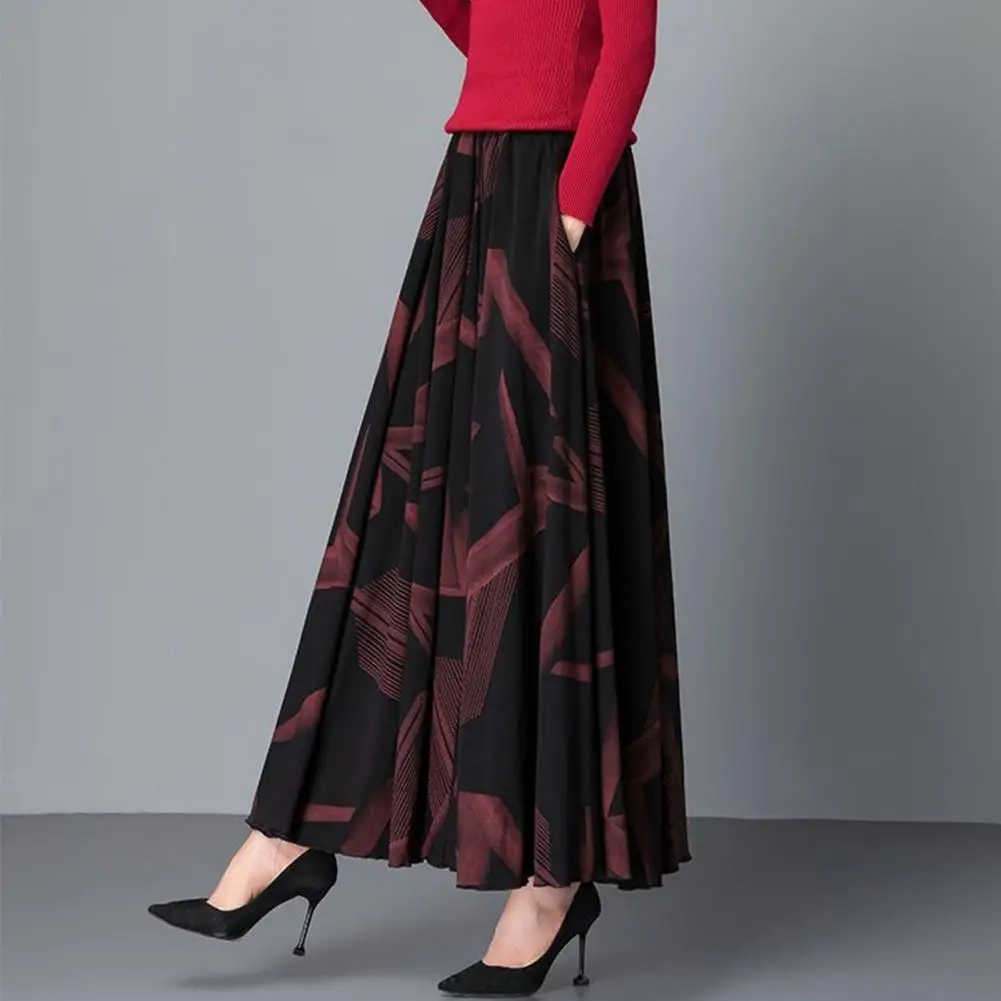

Women Plaid Skirt Colorblock High Waist Big Hem A-line Skirt Retro Pockets Ankle Length Ruffle Loose Lady Maxi Skirt