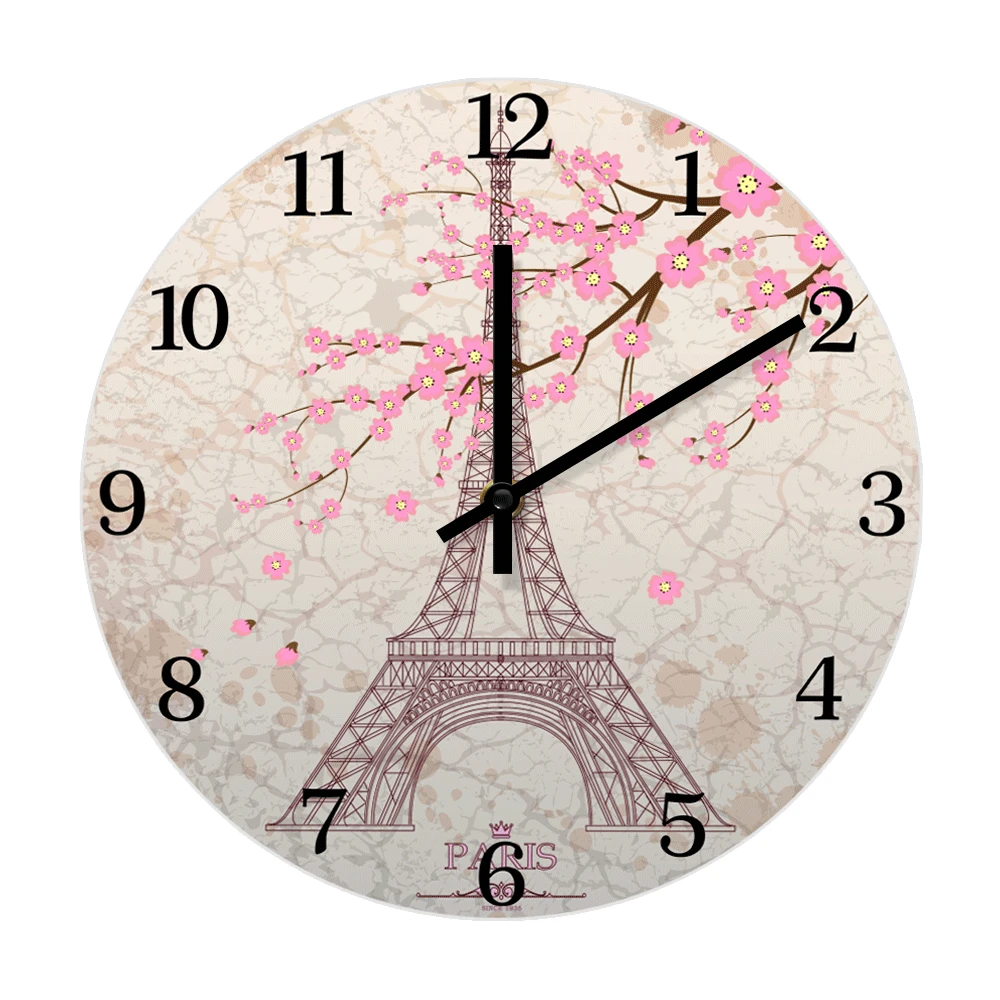 Eiffel Tower Modern Design Wall Clock For Girls Living Room French  Cityscape Europe Home Decor Pink Flowers Sakura Wall Clock| | - AliExpress