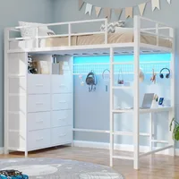 Twin Loft Bed with Desk & 8 Drawers Tall Dresser, Metal Loft Bed with LED Lights & Charging Station, 2-Tier Storage Shelves, Sta 1
