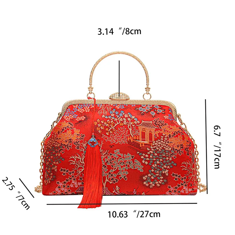 Chinese Style Hanfu Evening Bag For Women Vintage Print Tassel Clutches Metal Handle Handbags Wedding Party Chain Shoulder bag
