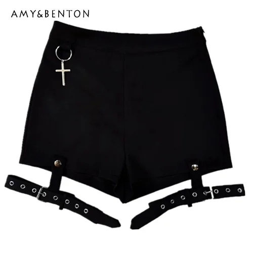 American Retro Dark Punk Women Shorts Summer New Detachable Leg Ring Cross Pendant High Waist Sexy Pantalones Cortos De Mujer