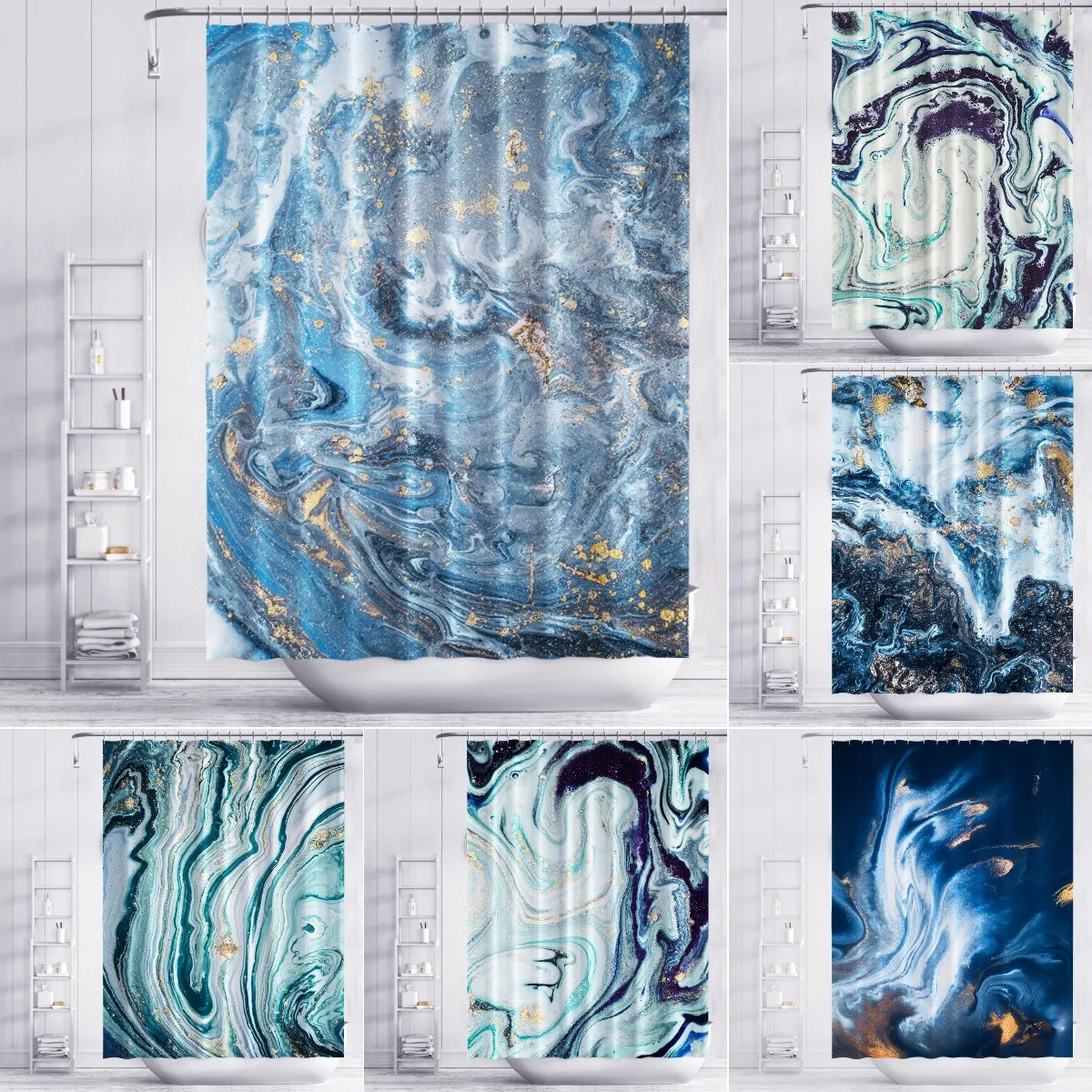 

Nordic Gradient Marble Shower Curtain Blue Gold 3d Printing Texture Thickening Waterproof Polyester Bathroom Curtains with Hooks
