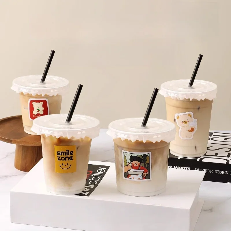 20pcs 500ML Plastic Disposable Cups with Lids Straws Leak Proof Paper Stickers DIY Fruit Juice Beer Milk Tea Beverage Utensils