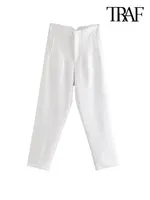 TRAF أزياء نسائية أنيقة مع التماس التفاصيل مكتب ارتداء السراويل خمر عالية الخصر سستة يطير الإناث الكاحل بنطلون Mujer 1