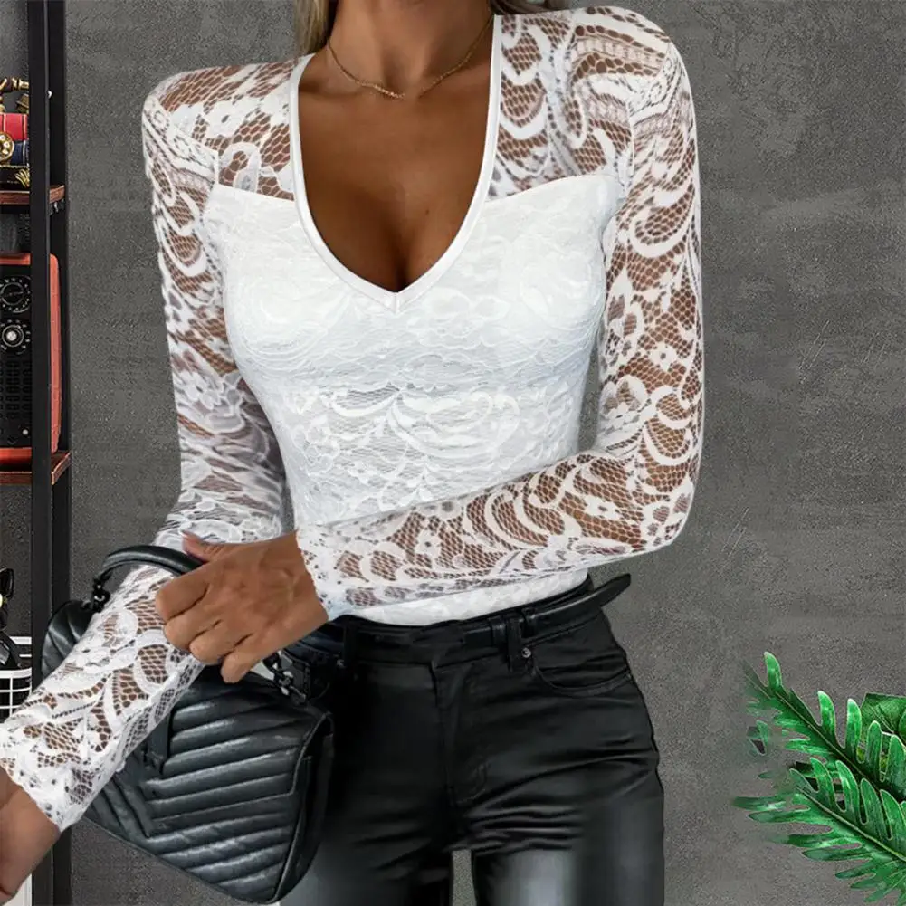 

Fall Spring Women Top Hollow Out Lace Flower Embroidery Women T-shirt V Neck Long Sleeve Slim Fit Patchwork Lady Sexy Top