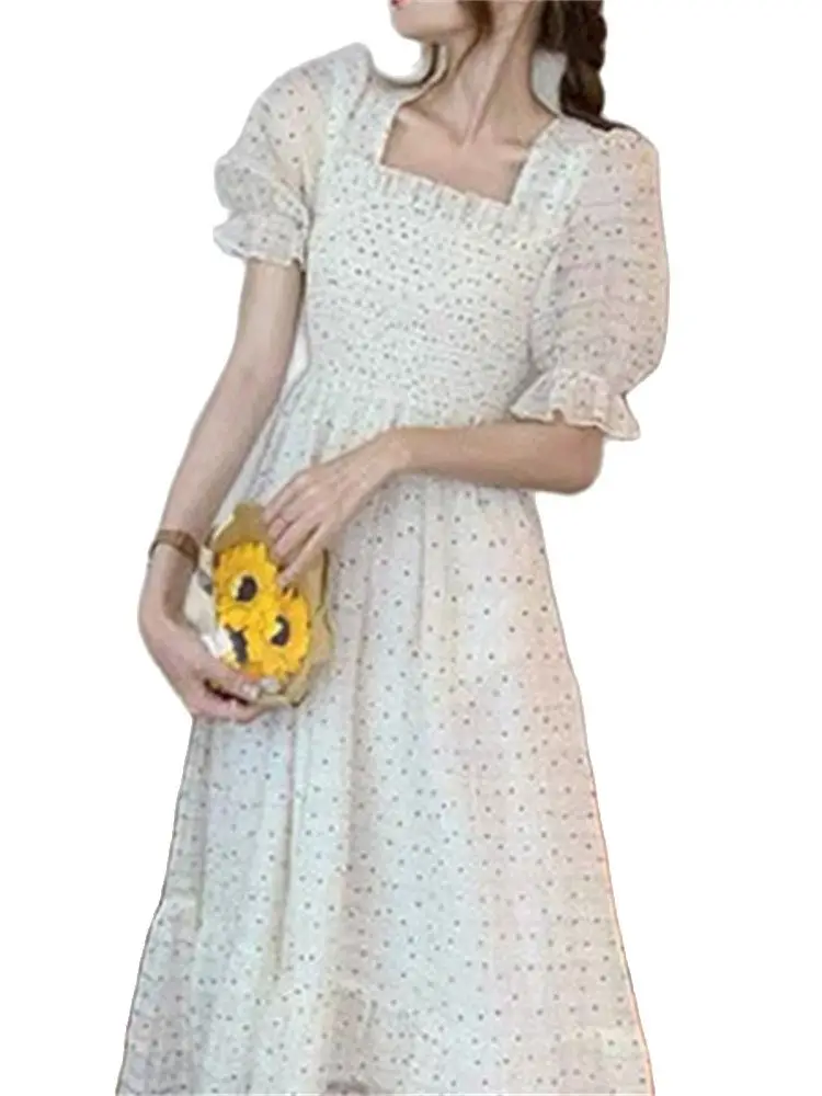 

Dot Backless Dress for Women 2023 New Fashion Fairycore Square Collar Midi Dress Casual Puff Sleeve Ruffle Summer Dress