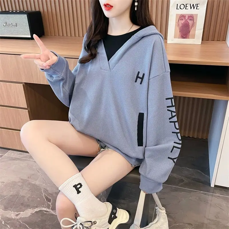 Fashion Printed Spliced Hooded Sweatshirts Female Clothing 2023 Autumn Winter Loose Casual Tops Fake Two Pieces Sweatshirts