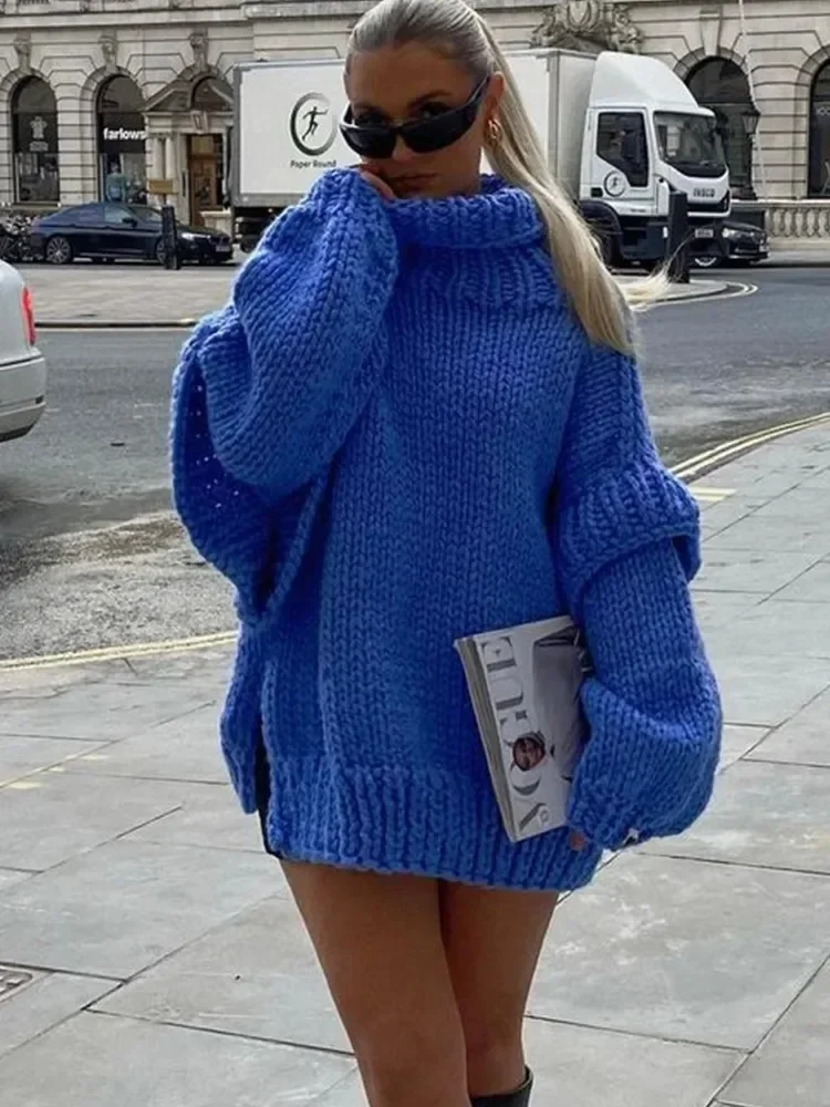 

Pullover 2023 Autumn Winter Slit Thick Warm Top Knitwear Women Solid Knit Turtlrneck Sweater Casual Oversize Lantern Long Sleeve