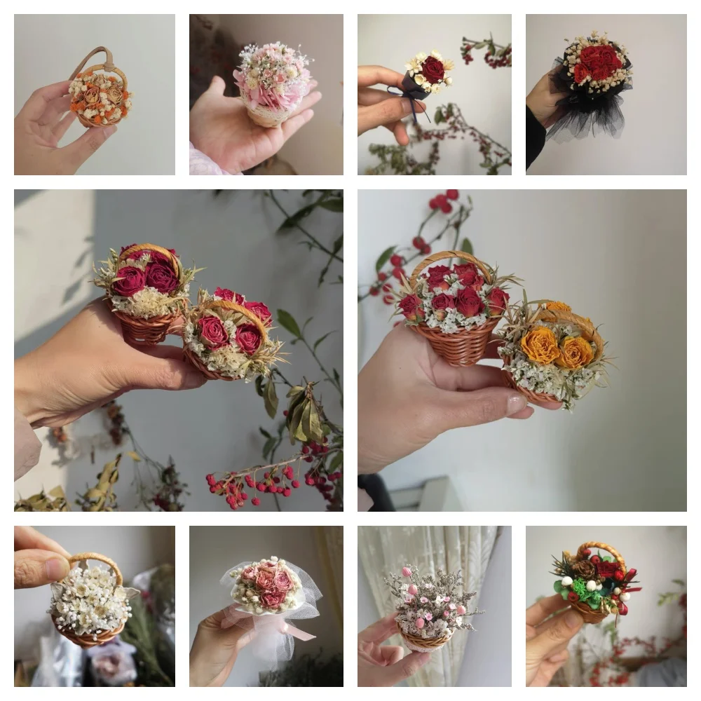 Miniature Flower Bouquet Dry Flower Basket Tabletop Decoration Mini Garland Doll Wedding Party Decoration Doll House Accessories flower girl basket white small cloth baskets with faux lace flowers decor for wedding ceremony party desktop decor