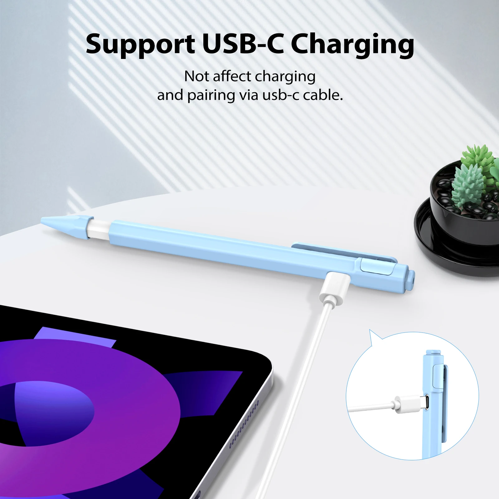 미끄럼 방지 그립 연필꽂이 커버 슬리브, 지지대 마그네틱 충전, 더블 탭, 애플 펜슬 (USB-C) 3 세대