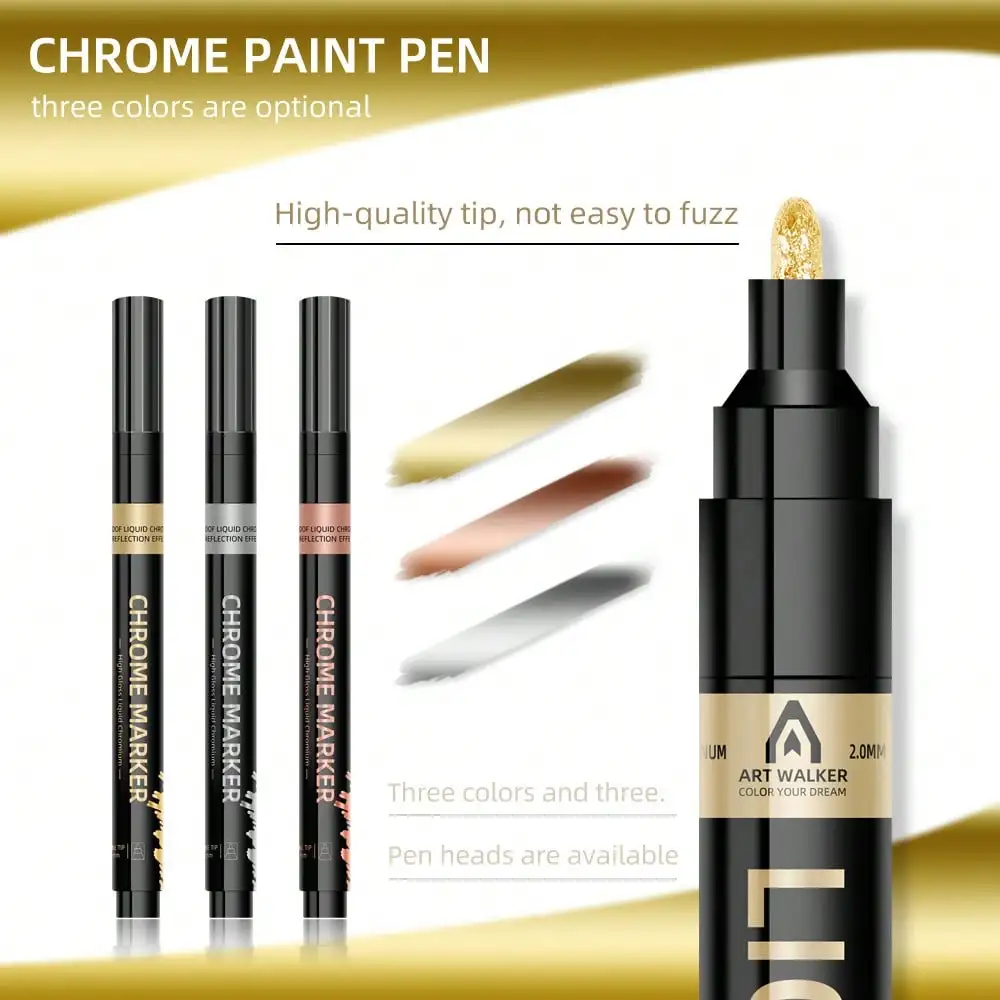 1Pcs Mirror Marker Pens Chrome 3 Colors 0.7mm 1mm 2mm DIY Reflective Paint Permanent Gold Silver Copper Model Painting