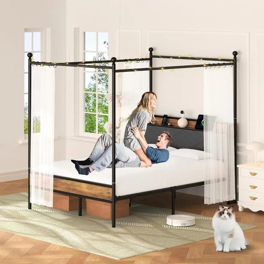 Bed Frame with Headbord, Canopy Bed Frame, Metal Black Iron Bed Platform with Charging Station and LGB Light No Box 5
